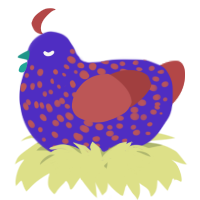 A indigo and red chicken with a speckle pattern