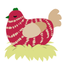 Sheri, a crimson and beige chicken with a bar pattern