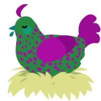 A viridian and plum chicken with a speckle pattern