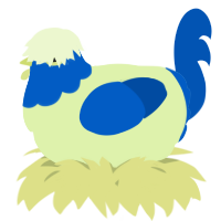 A apple and ultramarine chicken with a head pattern
