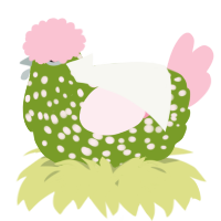 A chartreuse and rose chicken with a speckle pattern