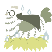 A lilac and chartreuse chicken with a bar pattern