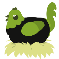 A black and chartreuse chicken with a head pattern