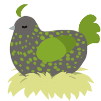 A grey and chartreuse chicken with a speckle pattern