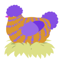 A orange and blurple chicken with a bar pattern