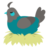 A teal and grey chicken with a head pattern