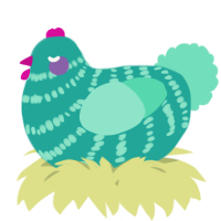 A turquoise and mint chicken with a bar pattern