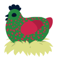 A viridian and crimson chicken with a speckle pattern