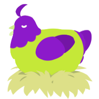 A lime and violet chicken with a head pattern