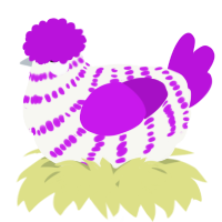 A white and amethyst chicken with a bar pattern