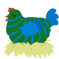 A leaf and sapphire chicken with a bar pattern