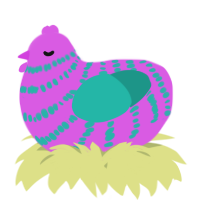 A orchid and turquoise chicken with a bar pattern