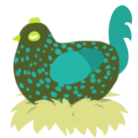 A olive and turquoise chicken with a speckle pattern