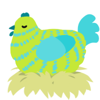 A lime and aqua chicken with a bar pattern