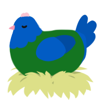 A leaf and ultramarine chicken with a head pattern