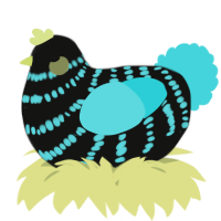 A black and aqua chicken with a bar pattern