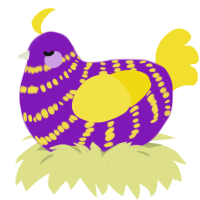 Thayhem, a violet and yellow chicken with a bar pattern