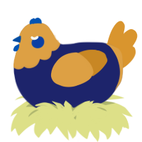 A navy and orange chicken with a head pattern
