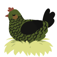 A olive and black chicken with a lace pattern