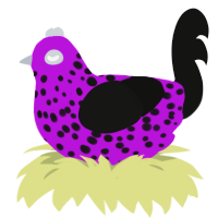 A amethyst and black chicken with a speckle pattern