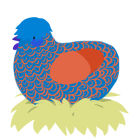 A sapphire and vermilion chicken with a double-lace pattern