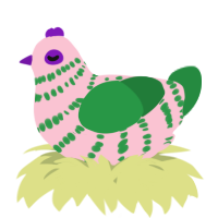 A rose and viridian chicken with a bar pattern
