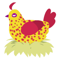 A yellow and crimson chicken with a speckle pattern
