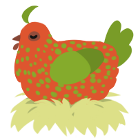 A vermilion and chartreuse chicken with a speckle pattern