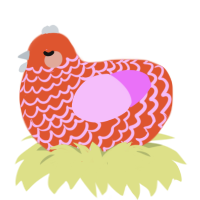 A vermilion and lavender chicken with a lace pattern