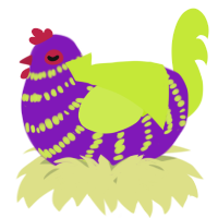 A violet and lime chicken with a bar pattern