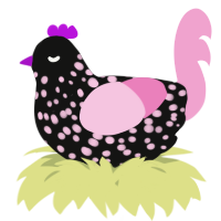 A black and pink chicken with a speckle pattern