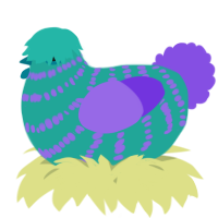 A turquoise and blurple chicken with a bar pattern