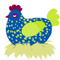 A ultramarine and lime chicken with a speckle pattern