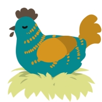 A teal and ochre chicken with a half-bar pattern