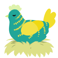 A turquoise and yellow chicken with a half-bar pattern