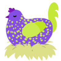 A blurple and lime chicken with a speckle pattern