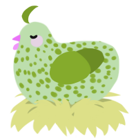 A gluppy and chartreuse chicken with a speckle pattern