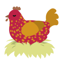 A crimson and ochre chicken with a speckle pattern