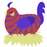 A red and indigo chicken with a bar pattern