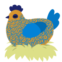 Eiffowl 65, a orange and sapphire chicken with a double-lace pattern