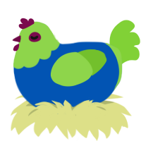 Taffy, a ultramarine and grass chicken with a head pattern