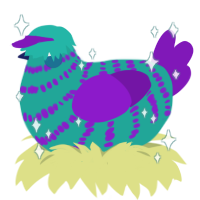 Berry Blast, a turquoise and violet chicken with a bar pattern