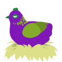 A violet and chartreuse chicken with a neck-speckle pattern