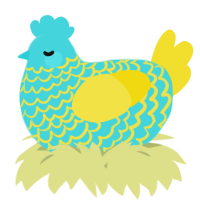 A aqua and yellow chicken with a lace pattern
