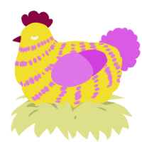 A yellow and orchid chicken with a bar pattern