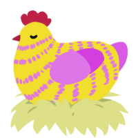 A yellow and orchid chicken with a bar pattern