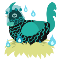 schwarz, a black and turquoise chicken with a lace pattern