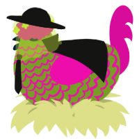 A chartreuse and fuchsia chicken with a lace pattern