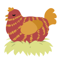 A red and orange chicken with a bar pattern