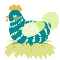 A teal and apple chicken with a bar pattern